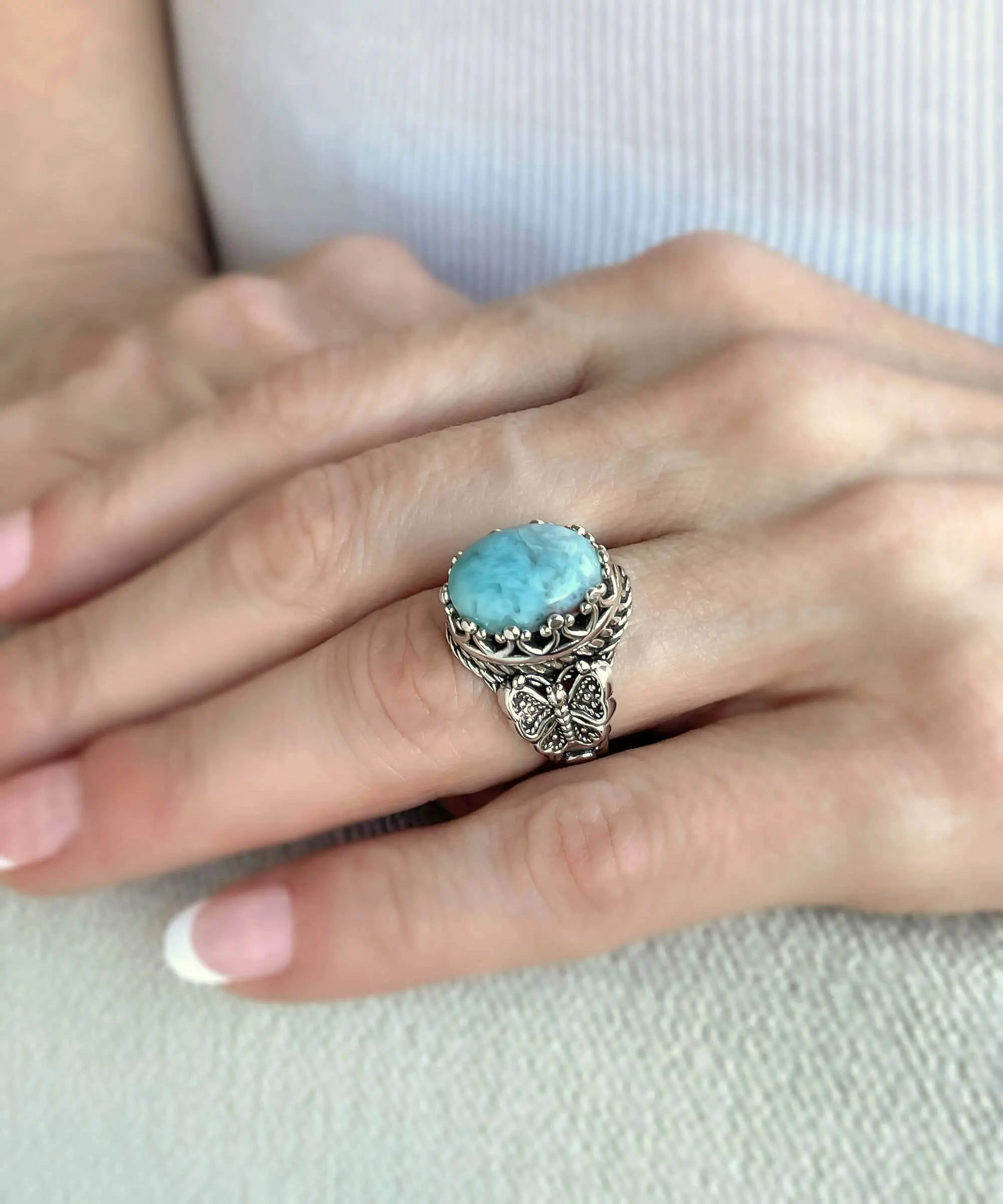 FiligranIst - Larimar Gemstone Filigree Art Double Butterfly Detailed Women's Silver Statement Ring