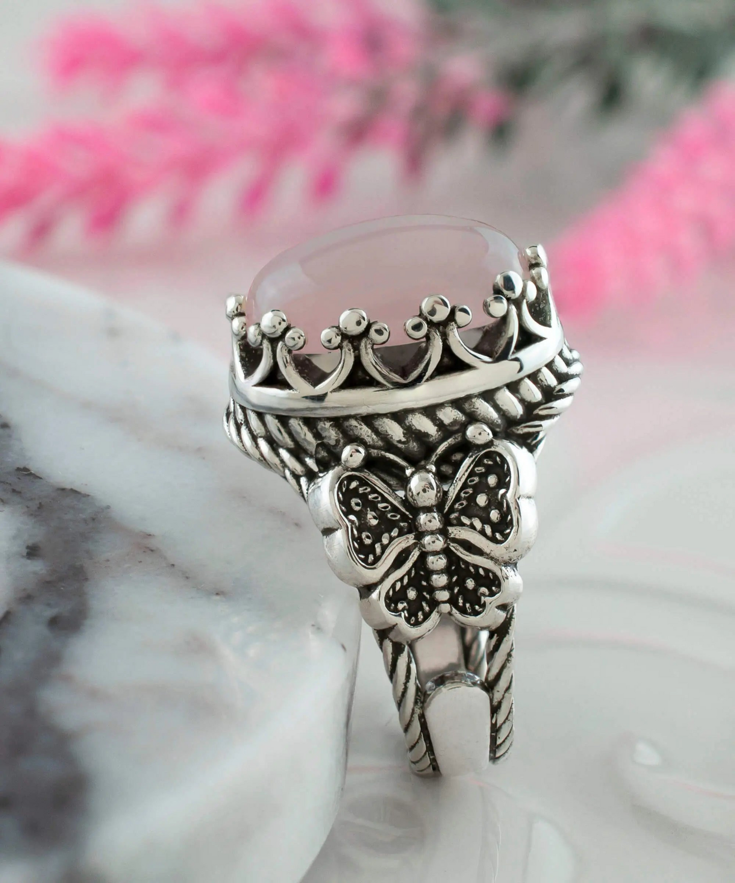 FiligranIst - Sterling Silver Rose Quartz Butterfly Statement Ring