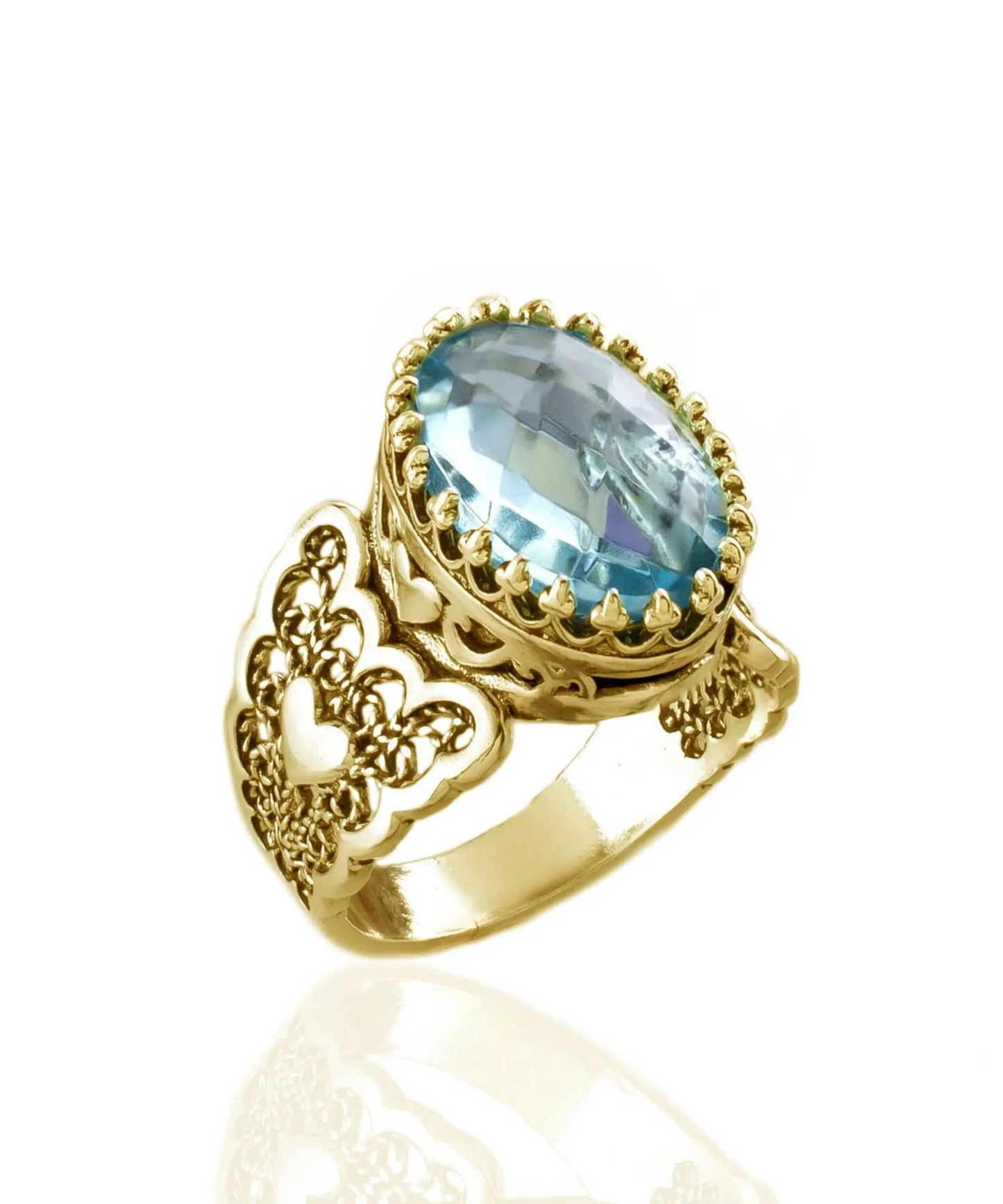 FiligranIst - Blue Topaz Double Heart Filigree Gold Plated Silver Statement Ring