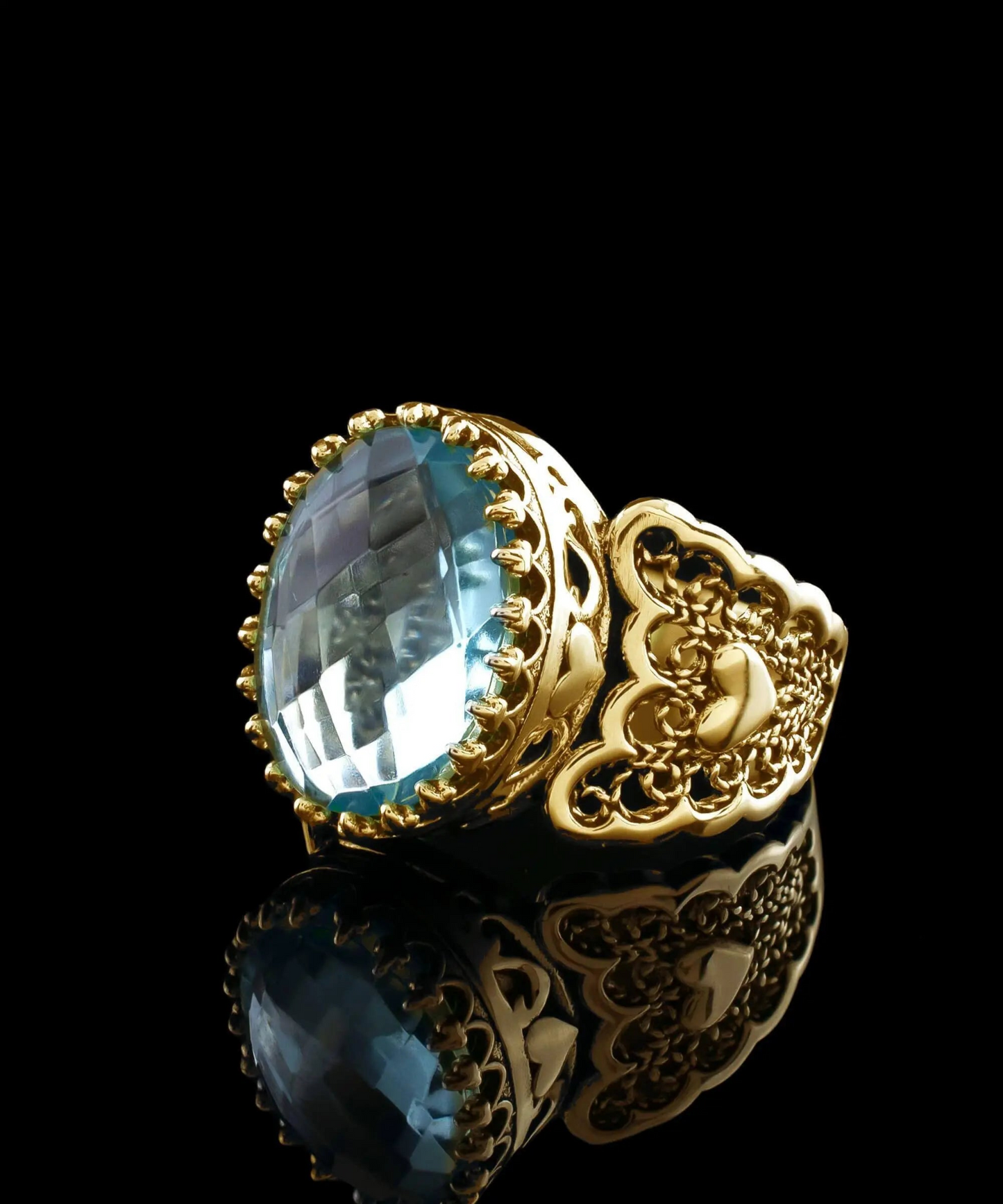 FiligranIst - Blue Topaz Double Heart Filigree Gold Plated Silver Statement Ring