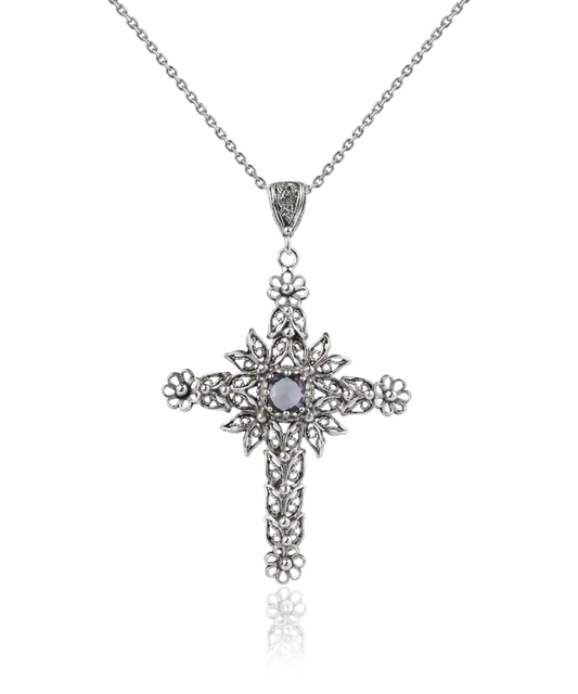 FiligranIst - Amethyst Gemstone Silver Cross Filigree Pendant Necklace