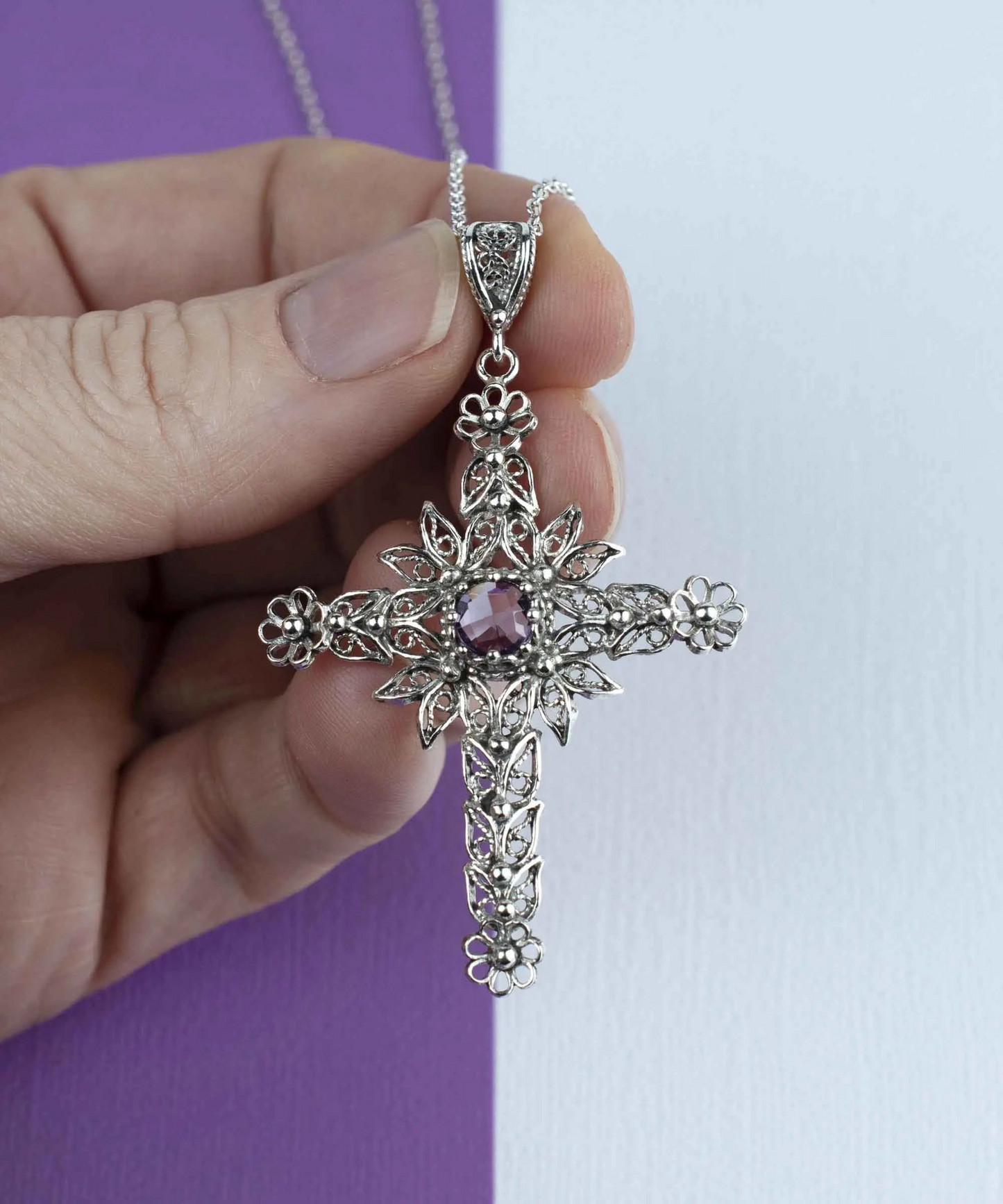 FiligranIst - Amethyst Gemstone Silver Cross Filigree Pendant Necklace