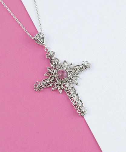 FiligranIst - Handcrafted Filigree Rhodonite Gemstone Silver Cross Pendant Necklace