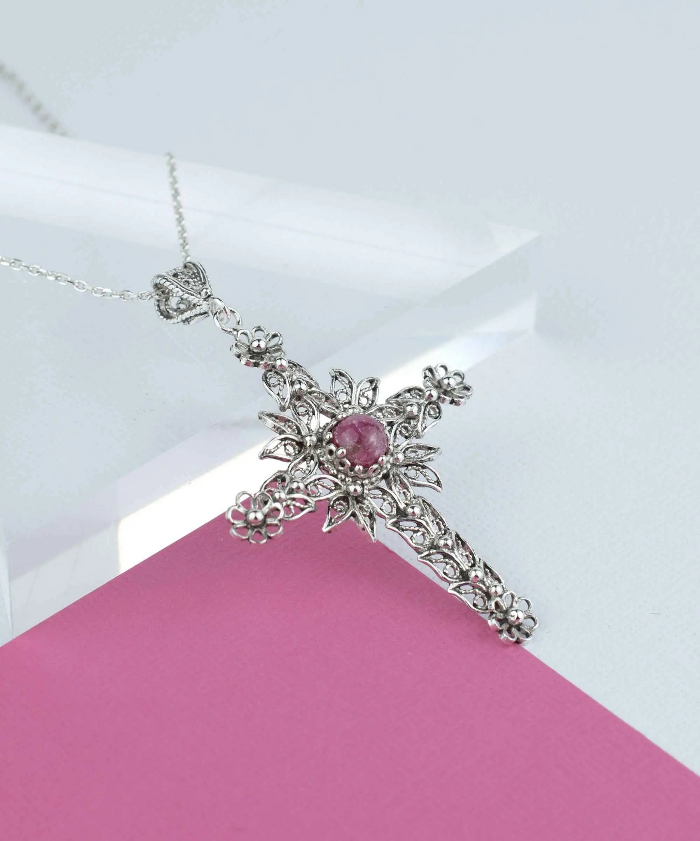 FiligranIst - Handcrafted Filigree Rhodonite Gemstone Silver Cross Pendant Necklace