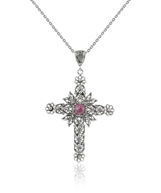 FiligranIst - Handcrafted Filigree Rhodonite Gemstone Silver Cross Pendant Necklace