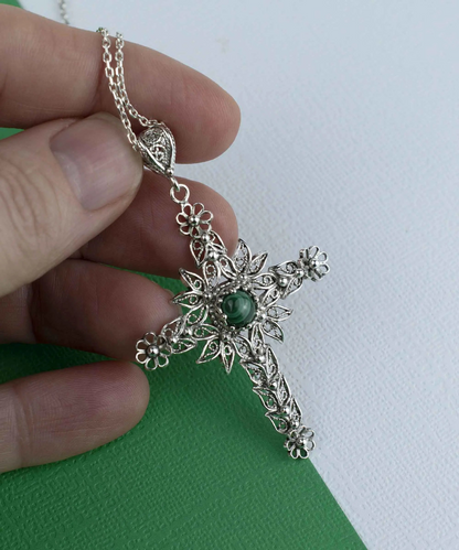 FiligranIst - Filigree Art Malachite Gemstone Silver Cross Pendant Necklace