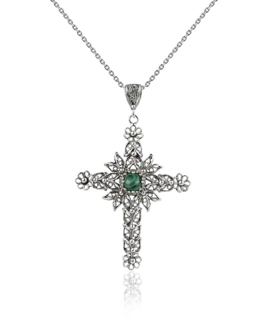 FiligranIst - Filigree Art Malachite Gemstone Silver Cross Pendant Necklace