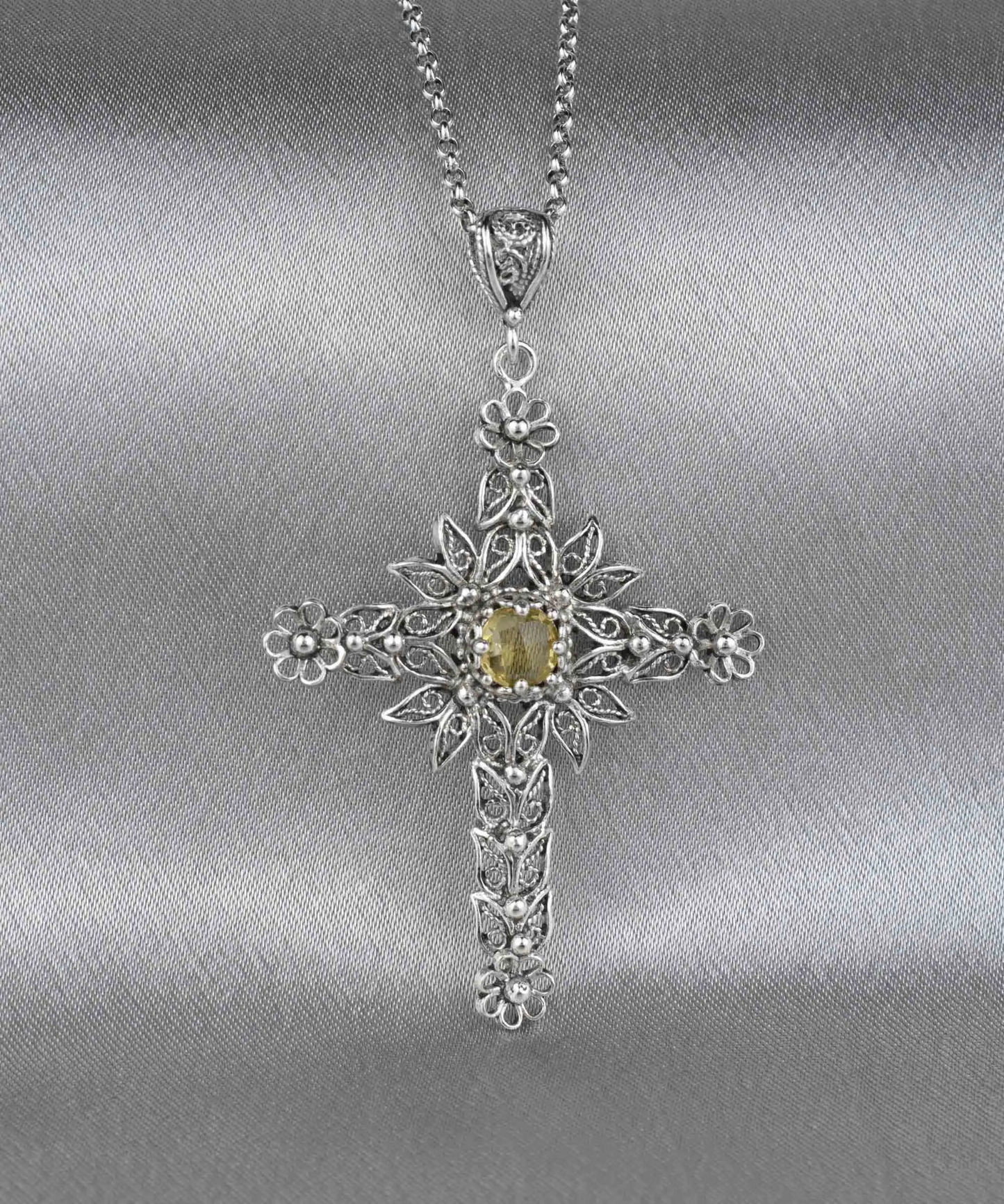 FiligranIst - Filigree Art Citrine Gemstone Silver Cross Pendant Necklace