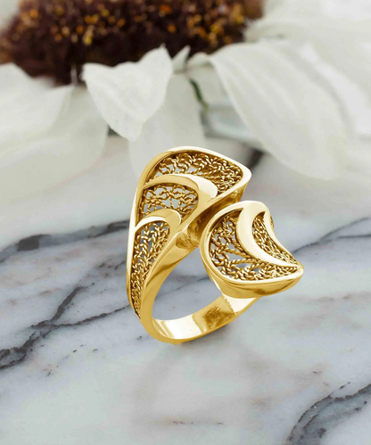 FiligranIst - Gold Plated Sterling Silver Filigree Art Women Twisted Bypass Cocktail Ring