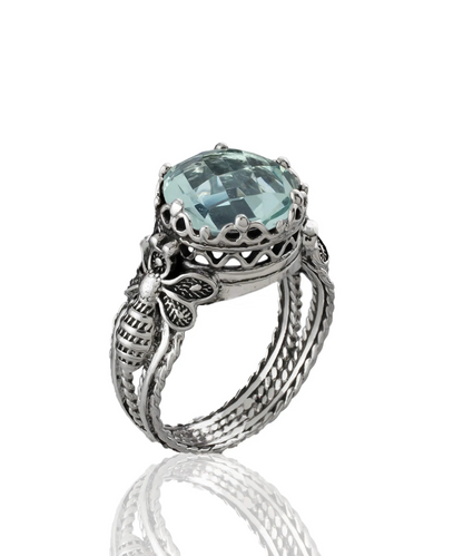 FiligranIst - Bee Detailed Aquamarine Gemstone Filigree Art Silver Cocktail Ring