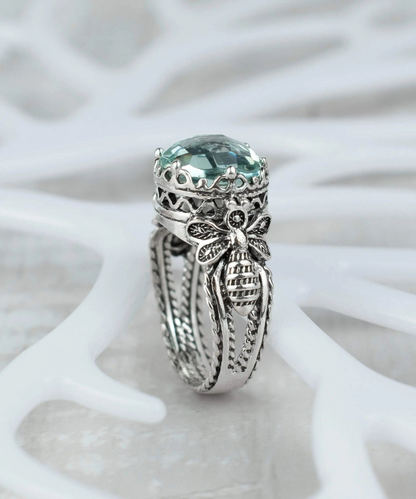 FiligranIst - Bee Detailed Aquamarine Gemstone Filigree Art Silver Cocktail Ring