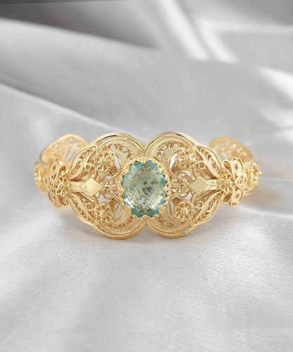 FiligranIst - Gold Plated Sterling Silver Filigree Art Blue Topaz Gemstone Women Cuff Bracelet