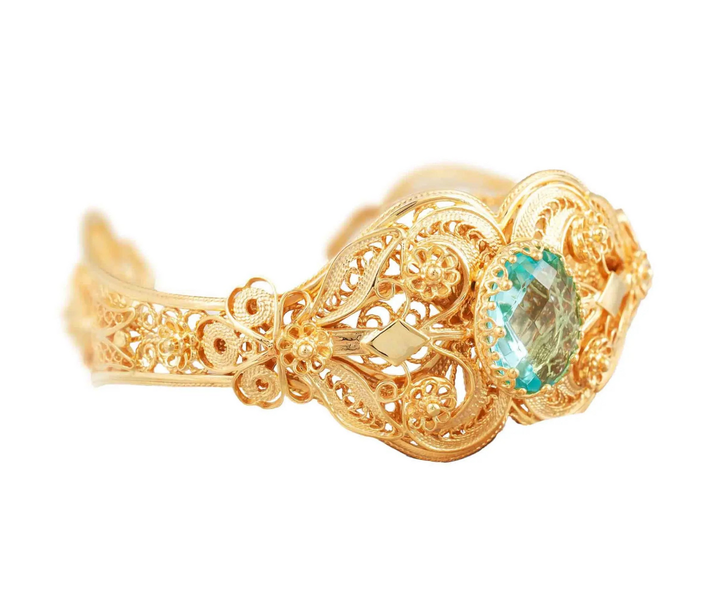 FiligranIst - Gold Plated Sterling Silver Filigree Art Blue Topaz Gemstone Women Cuff Bracelet