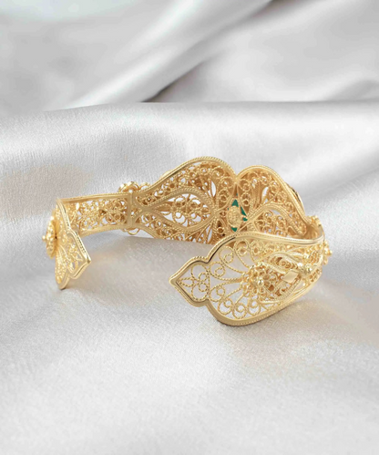 FiligranIst - Gold Plated Sterling Silver Filigree Art Green Agate Gemstone Women Cuff Bracelet