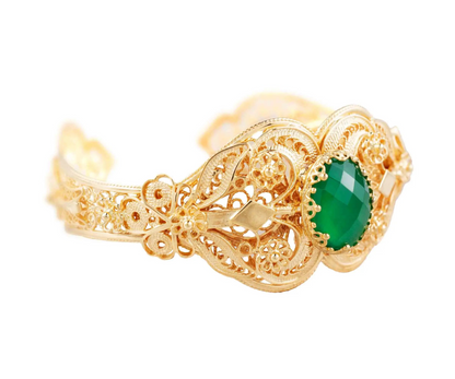 FiligranIst - Gold Plated Sterling Silver Filigree Art Green Agate Gemstone Women Cuff Bracelet