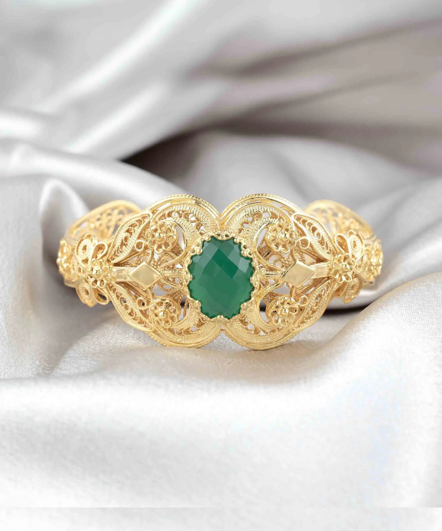 FiligranIst - Gold Plated Sterling Silver Filigree Art Green Agate Gemstone Women Cuff Bracelet