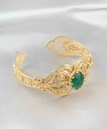 FiligranIst - Gold Plated Sterling Silver Filigree Art Green Agate Gemstone Women Cuff Bracelet