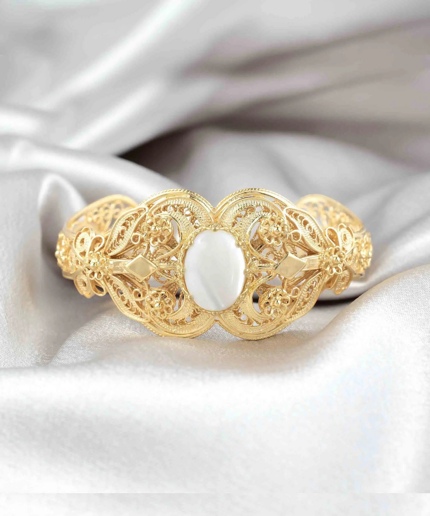 FiligranIst - Gold Plated Sterling Silver Filigree Art Mother of Pearl Gemstone Women Cuff Bracelet