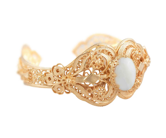 FiligranIst - Gold Plated Sterling Silver Filigree Art Mother of Pearl Gemstone Women Cuff Bracelet