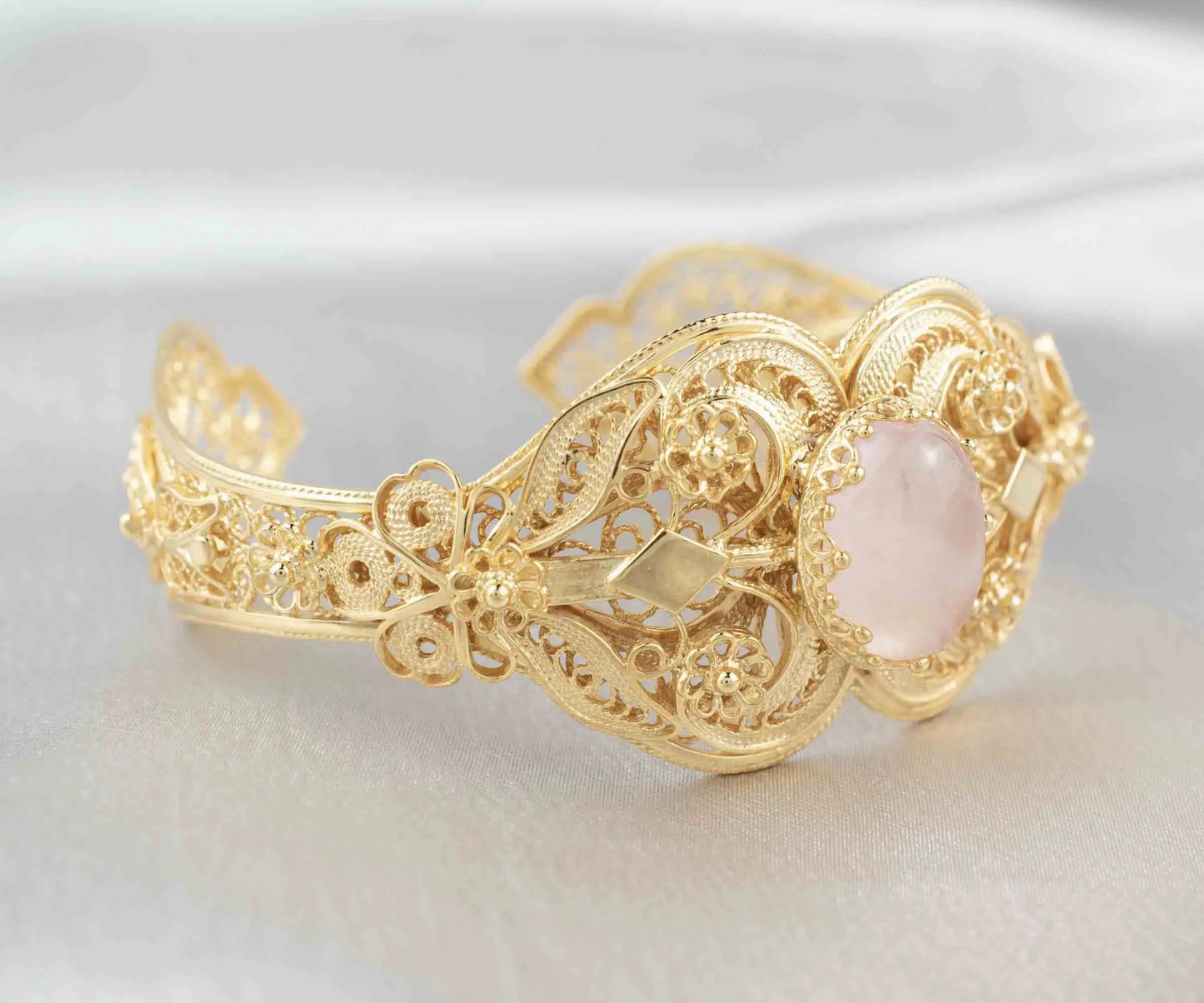 FiligranIst - Gold Plated Sterling Silver Filigree Art Rose Quartz Gemstone Women Cuff Bracelet