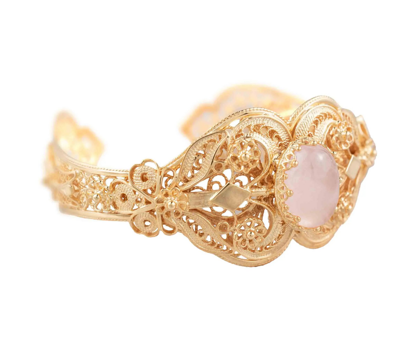 FiligranIst - Gold Plated Sterling Silver Filigree Art Rose Quartz Gemstone Women Cuff Bracelet