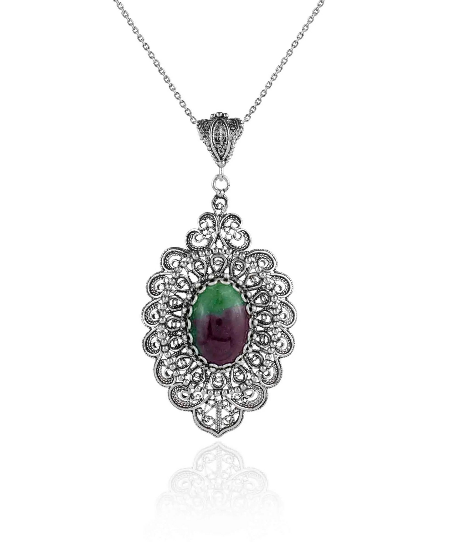 FiligranIst - Sterling Silver Filigree Art Ruby Zoisite Floral Oval Pendant Necklace