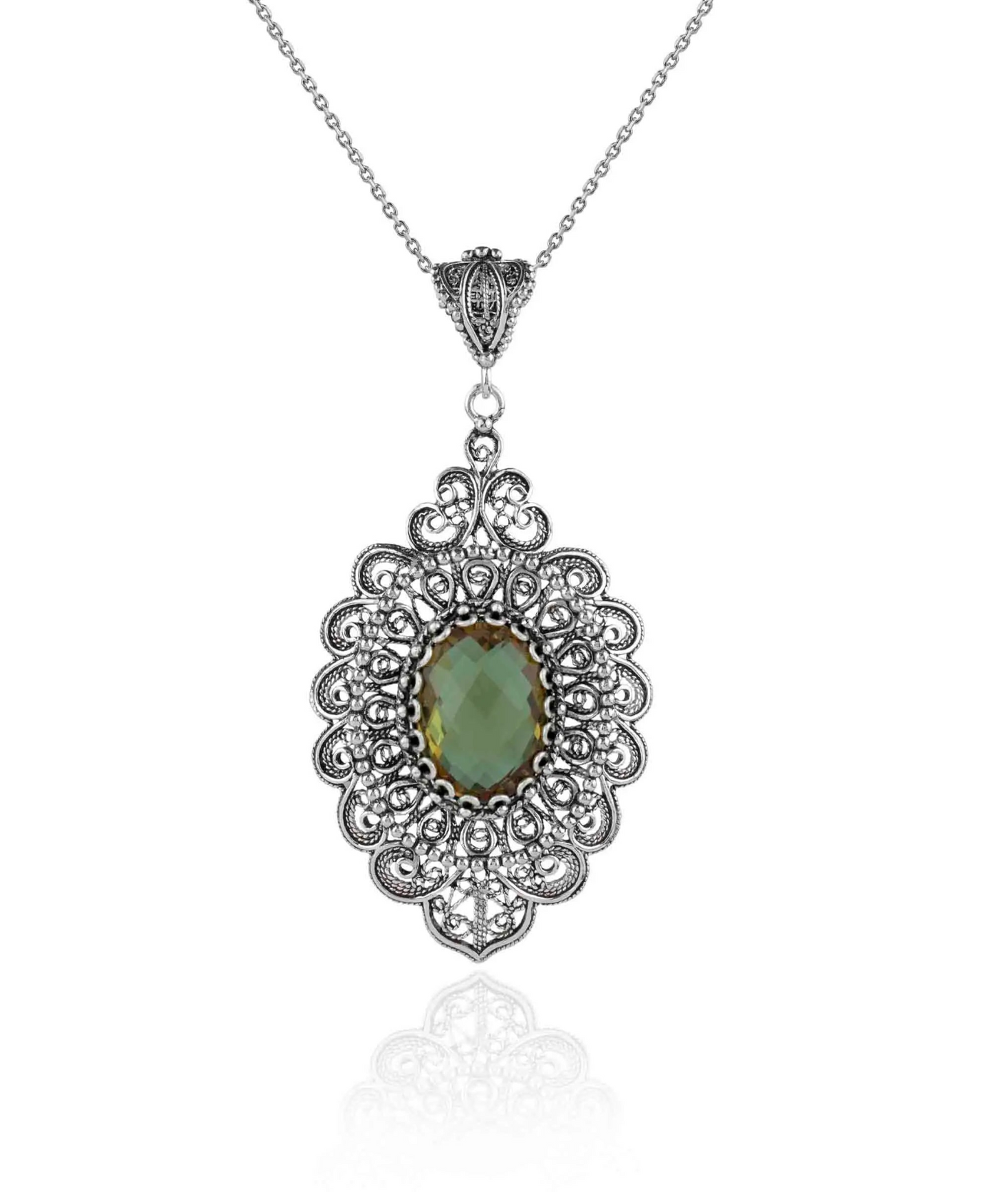 FiligranIst - Filigree Art Alexandrite Gemstone Floral Figured Women Silver Oval Pendant Necklace