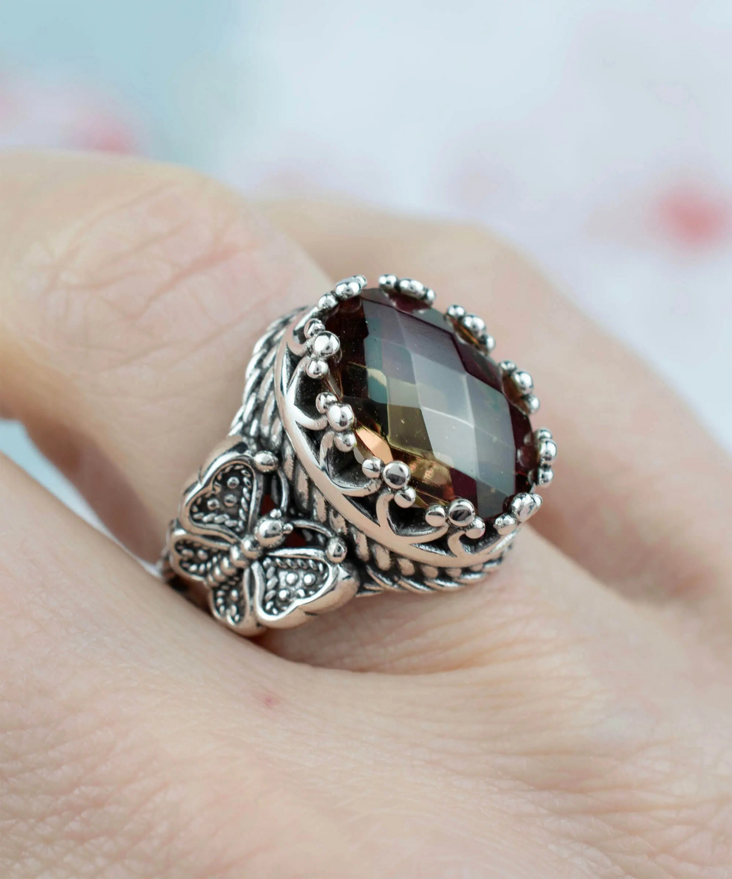 FiligranIst - Alexandrite Gemstone Filigree Art Double Butterfly Detailed Women Silver Statement Ring