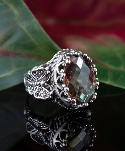 FiligranIst - Alexandrite Gemstone Filigree Art Double Butterfly Detailed Women Silver Statement Ring