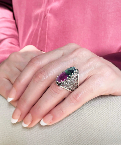 FiligranIst - Ruby Zoisite Gemstone Silver Long Statement Ring