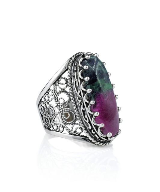 FiligranIst - Ruby Zoisite Gemstone Silver Long Statement Ring