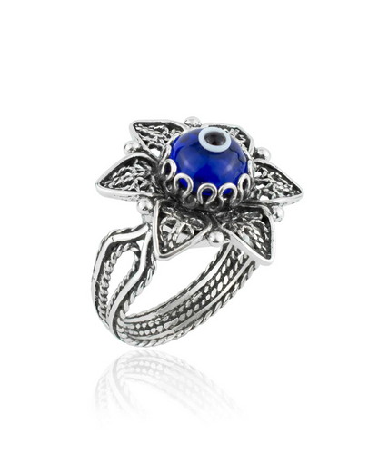 FiligranIst - Blue Evil Eye Daisy Filigree Silver Cocktail Ring