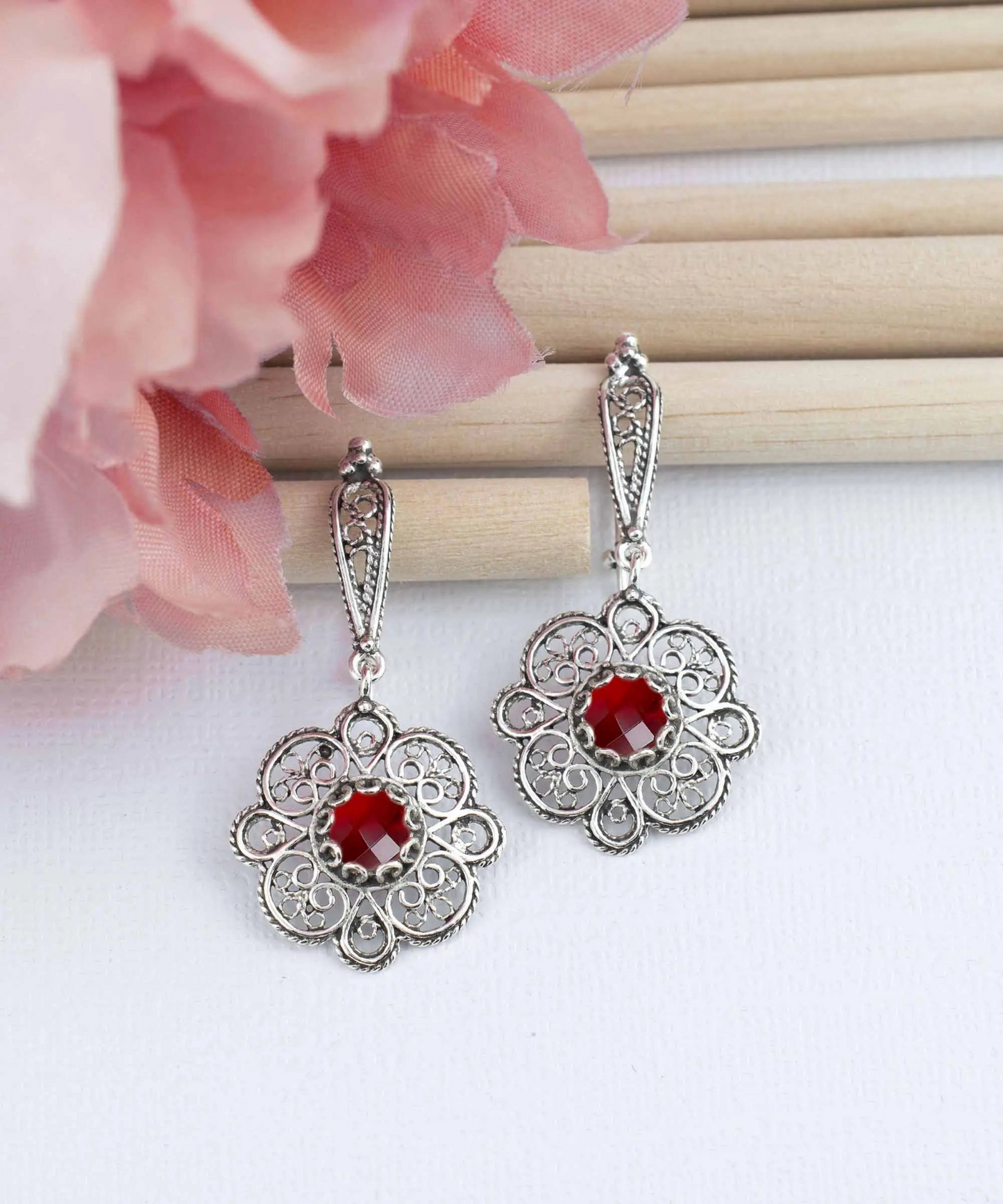 FiligranIst - Sterling Silver Filigree Art Ruby Gemstone Women Dangle Drop Earrings