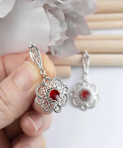 FiligranIst - Sterling Silver Filigree Art Ruby Gemstone Women Dangle Drop Earrings