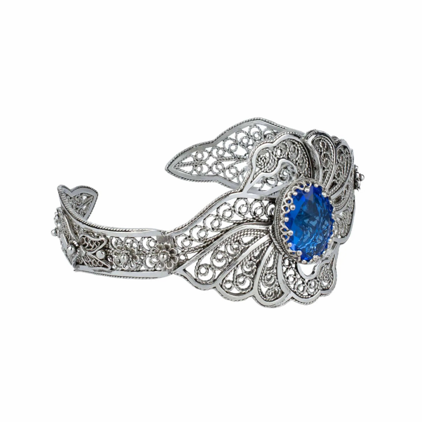 FiligranIst - Filigree Art Blue Quartz Gemstone Double Swan Figured Women Silver Cuff Bracelet