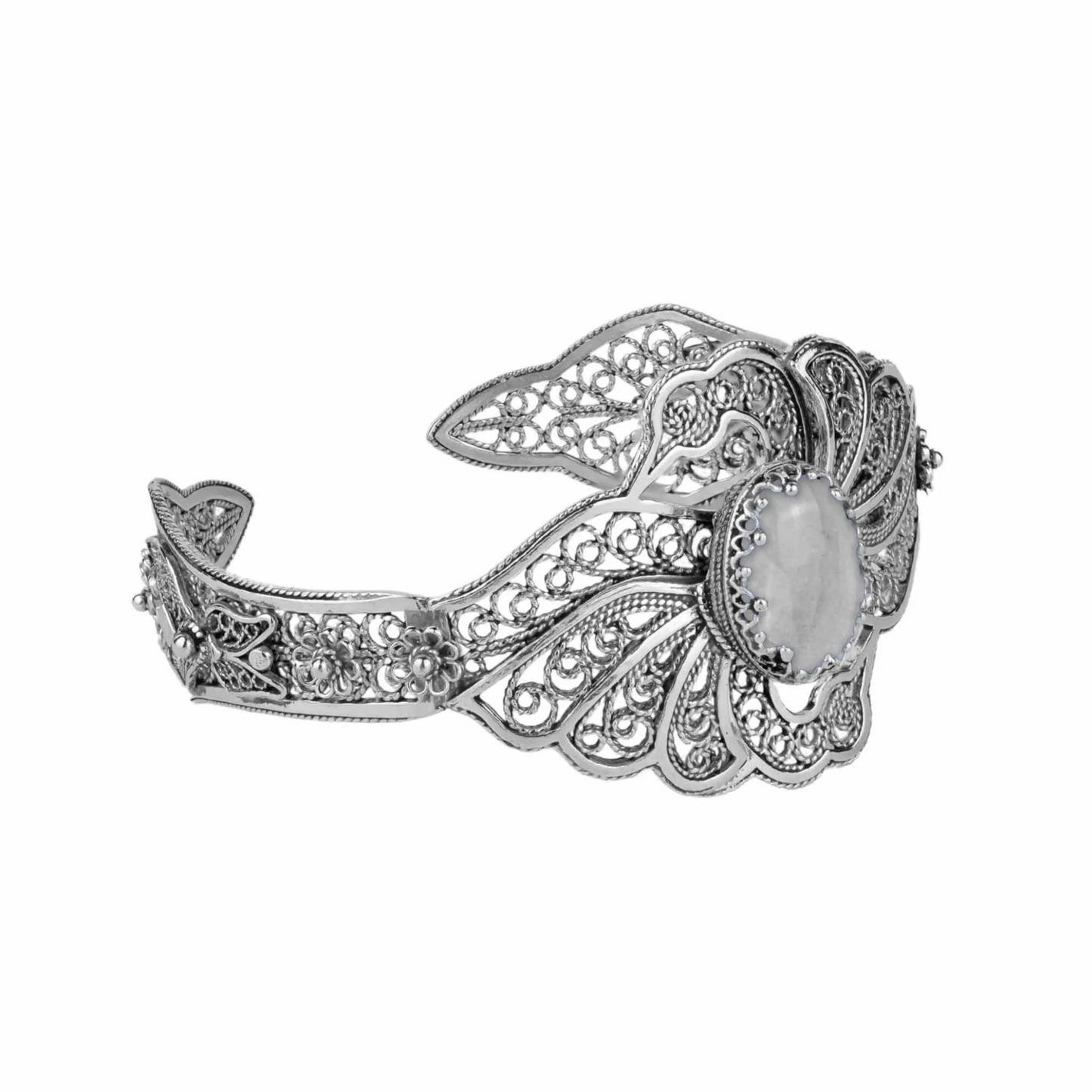 FiligranIst - Filigree Art Gray Moonstone Gemstone Double Swan Figured Women Silver Cuff Bracelet