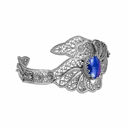 FiligranIst - Filigree Art Lapis Lazuli Gemstone Double Swan Figured Women Silver Cuff Bracelet