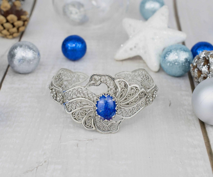 FiligranIst - Filigree Art Lapis Lazuli Gemstone Double Swan Figured Women Silver Cuff Bracelet