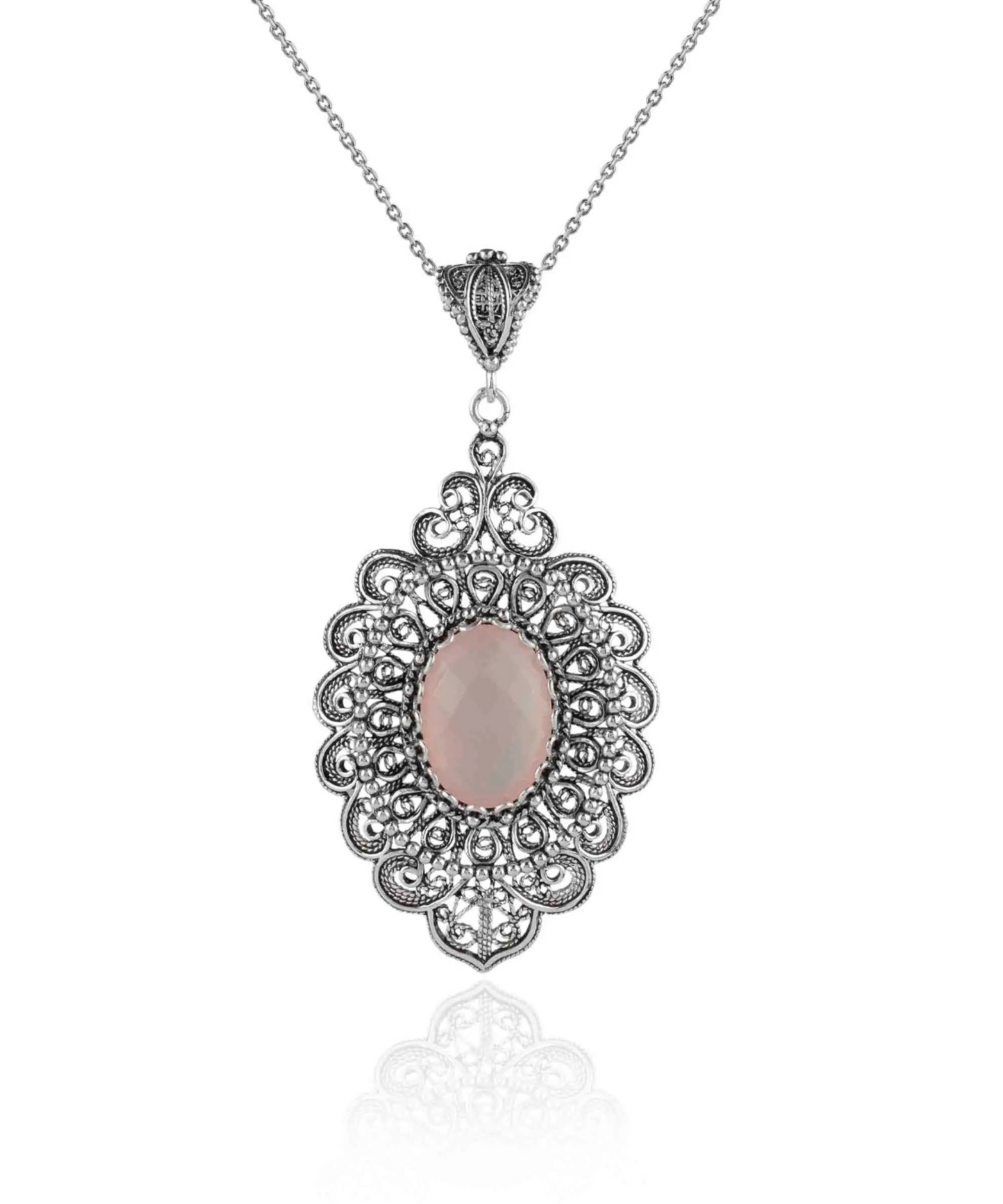 FiligranIst - Sterling Silver Filigree Art Pink Chalcedony Floral Oval Pendant Necklace