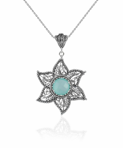 FiligranIst - Filigree Art Aqua Chalcedony Gemstone Star Design Women Silver Pendant Necklace