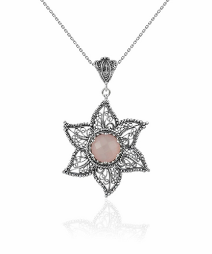 FiligranIst - Sterling Silver Filigree Art Pink Chalcedony Star Design Pendant Necklace