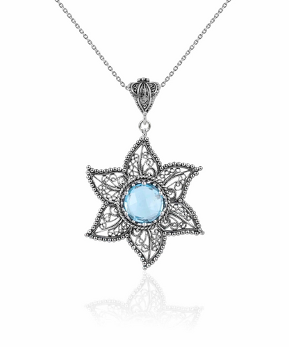 FiligranIst - Filigree Art Blue Topaz Gemstone Star Design Women Silver Pendant Necklace