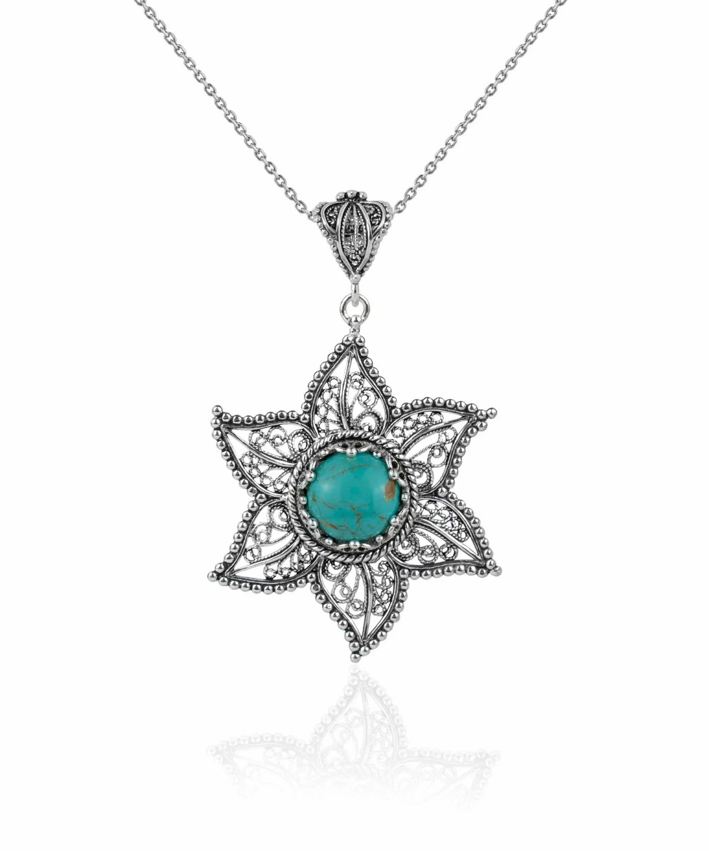 FiligranIst - Filigree Art Copper Turquoise Gemstone Star Design Women Silver Pendant Necklace