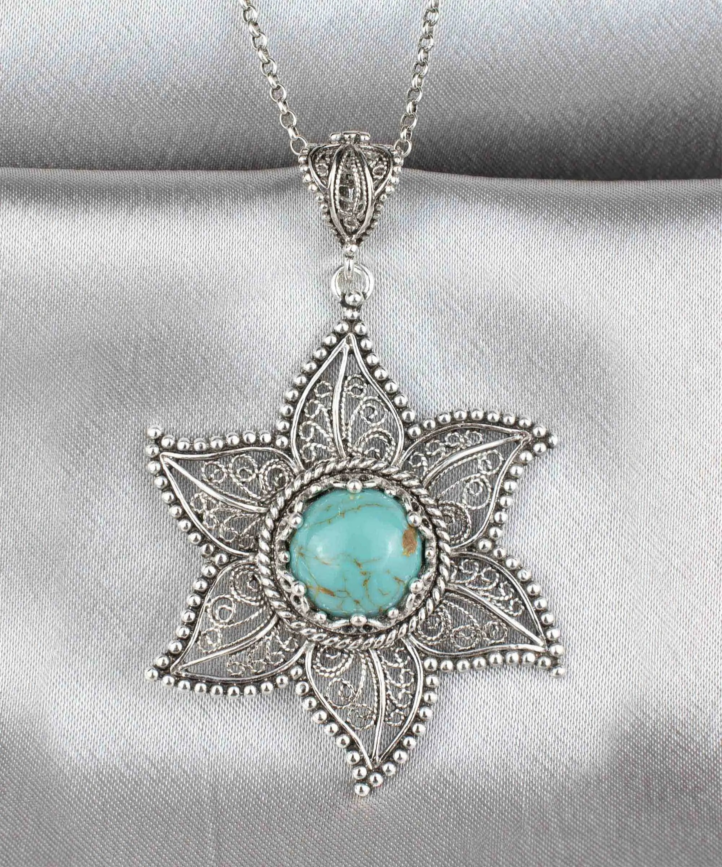 FiligranIst - Filigree Art Copper Turquoise Gemstone Star Design Women Silver Pendant Necklace