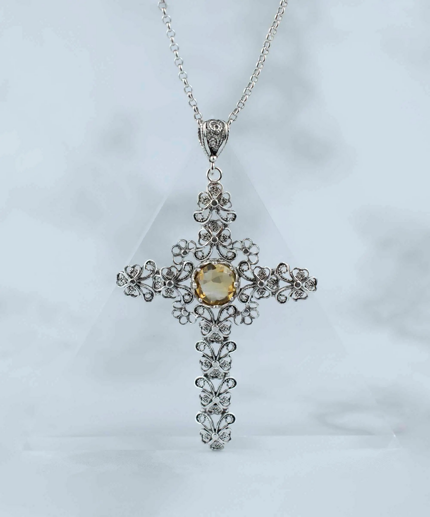 FiligranIst -  Filigree Art Citrine Gemstone Silver Cross Pendant Necklace