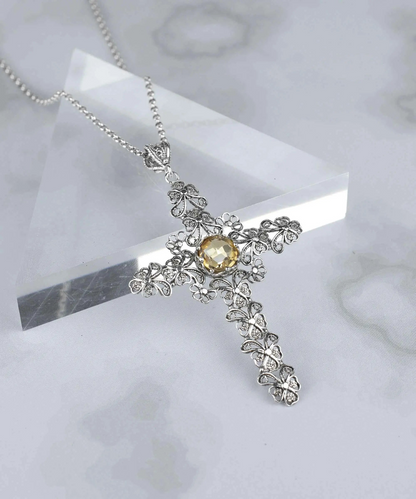 FiligranIst -  Filigree Art Citrine Gemstone Silver Cross Pendant Necklace