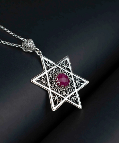 FiligranIst -  Ruby Corundum Gemstone Star of David Filigree Silver Pendant Necklace