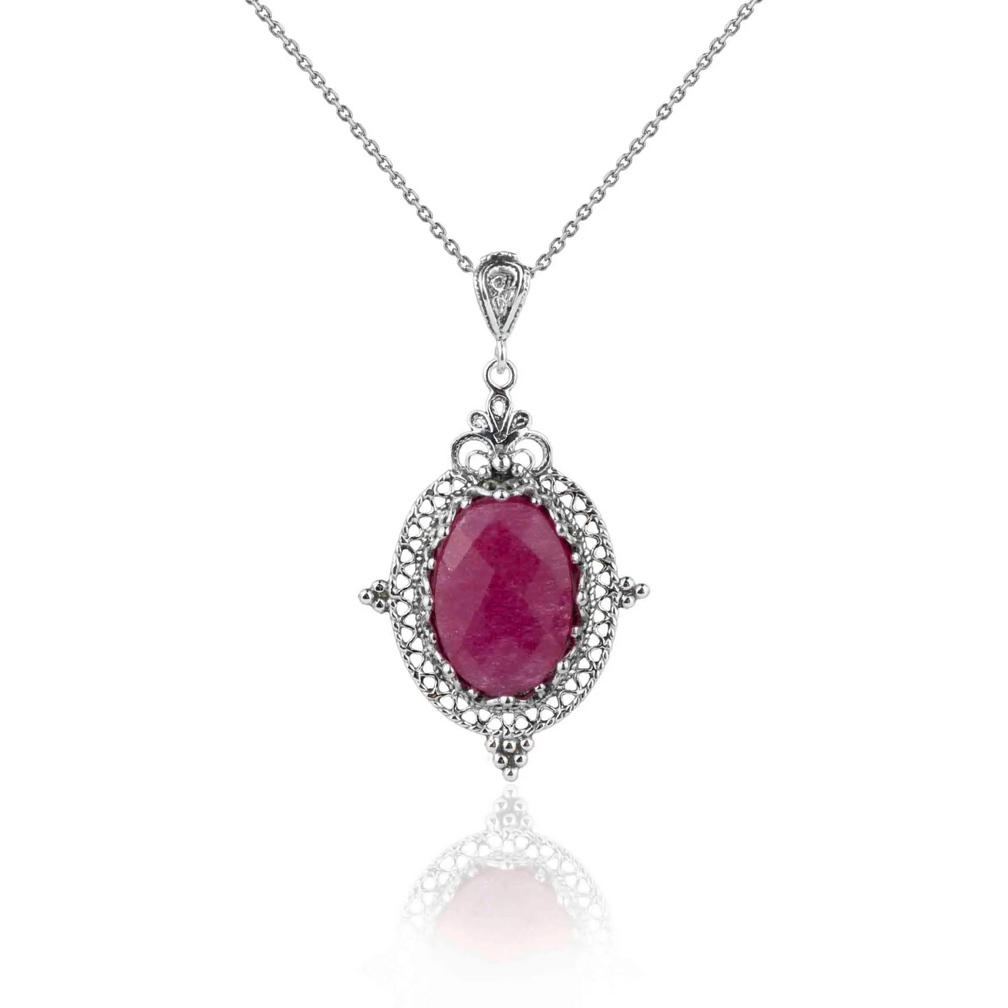 FiligranIst - Filigree Art Ruby Corundum Gemstone Women Silver Oval Pendant Necklace