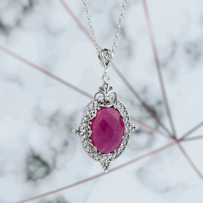 FiligranIst - Filigree Art Ruby Corundum Gemstone Women Silver Oval Pendant Necklace