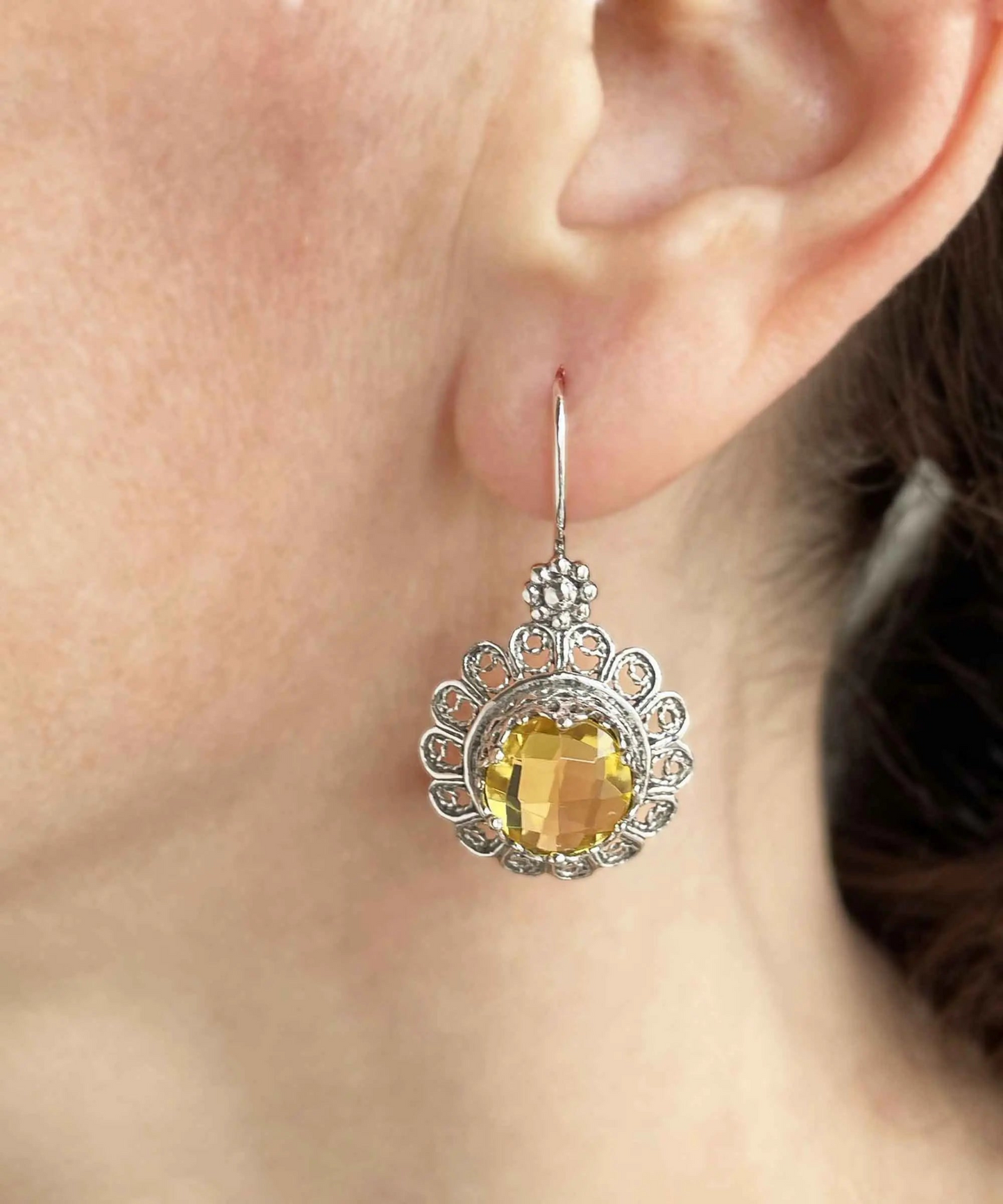 FiligranIst - Citrine Gemstone Flower Filigree Silver Drop Earrings